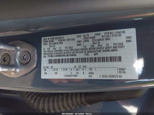 45845463 :رقم المزاد ، 1FMCU0MN0RUB19806 vin ، 2024 Ford Escape St-line مزاد بيع