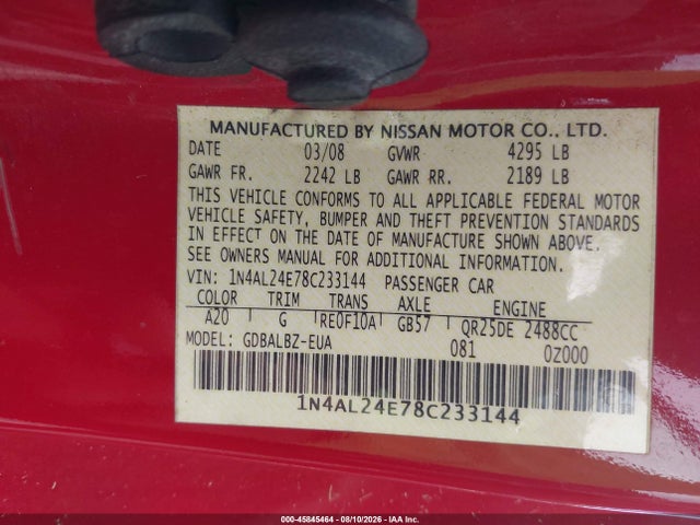 Aukcja sprzedaży 2008 Nissan Altima 2.5 S, vin: 1N4AL24E78C233144, numer aukcji: 45845464