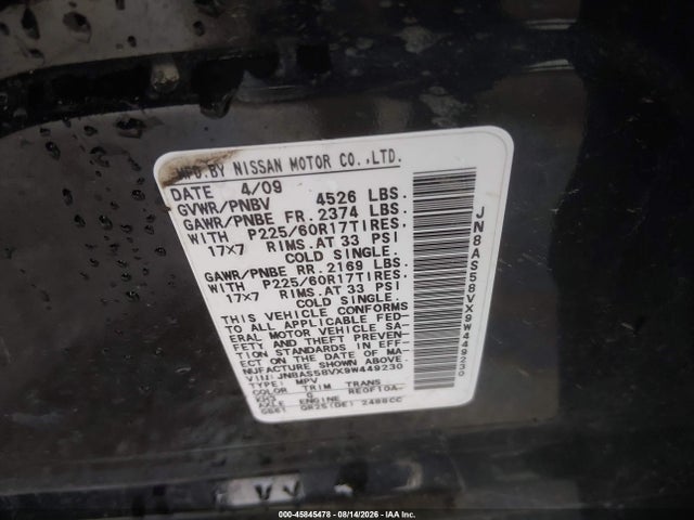 Продаж на аукціоні авто 2009 Nissan Rogue Sl, vin: JN8AS58VX9W449230, номер лоту: 45845478