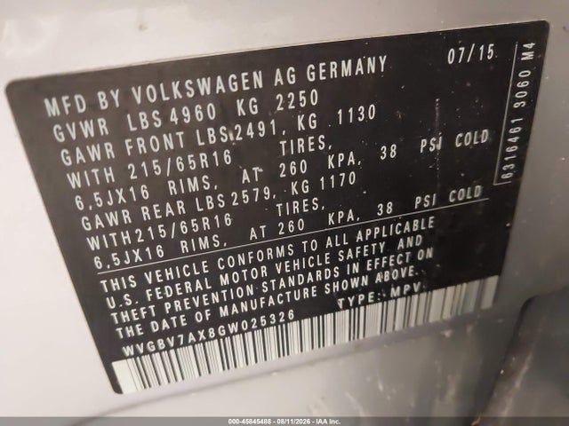Продаж на аукціоні авто 2016 Volkswagen Tiguan S, vin: WVGBV7AX8GW025326, номер лоту: 45845488