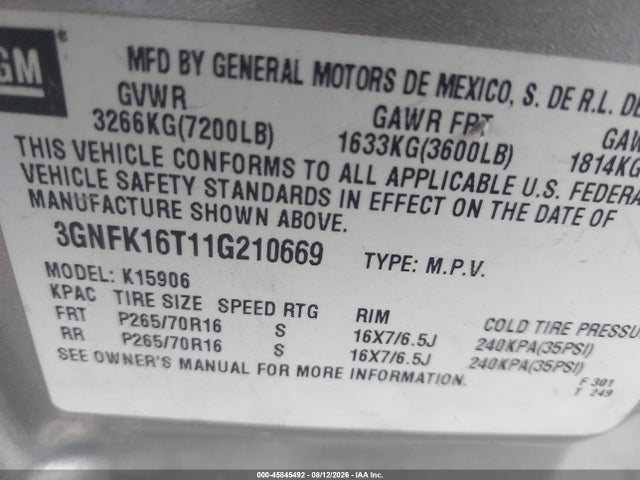 Продажа на аукционе авто 2001 Chevrolet Suburban 1500 Ls, vin: 3GNFK16T11G210669, номер лота: 45845492