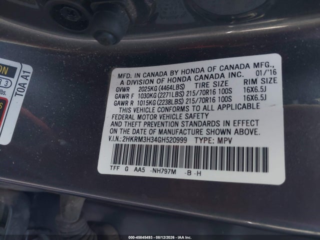 2016 Honda Cr-v Lx მანქანა იყიდება აუქციონზე, vin: 2HKRM3H34GH520999, აუქციონის ნომერი: 45845493