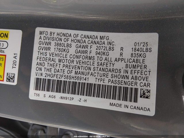 2HGFE2F58SH569141 Honda Civic Sport