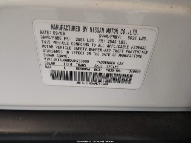 45845510 :رقم المزاد ، JN1AJ0HRXAM750989 vin ، 2010 Infiniti Ex35 Journey مزاد بيع