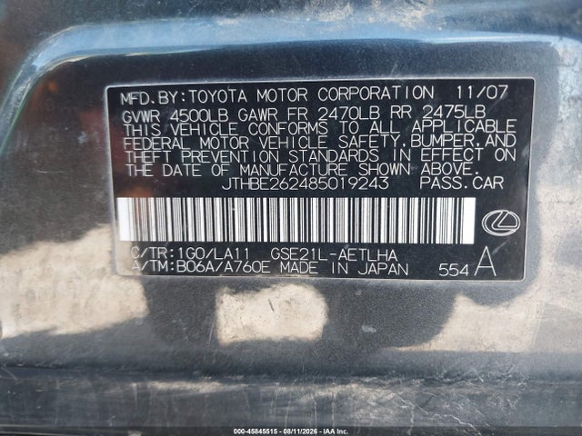Aukcja sprzedaży 2008 Lexus Is 350, vin: JTHBE262485019243, numer aukcji: 45845515