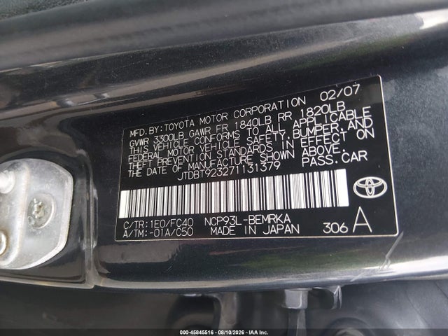 45845516 :رقم المزاد ، JTDBT923271131379 vin ، 2007 Toyota Yaris مزاد بيع