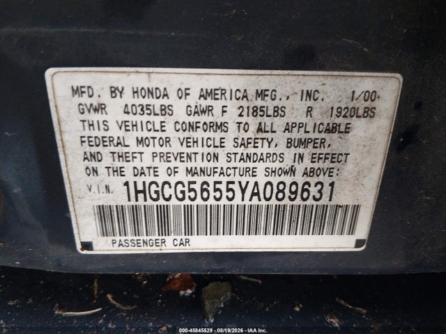 Aukcja sprzedaży 2000 Honda Accord 2.3 Ex, vin: 1HGCG5655YA089631, numer aukcji: 45845529
