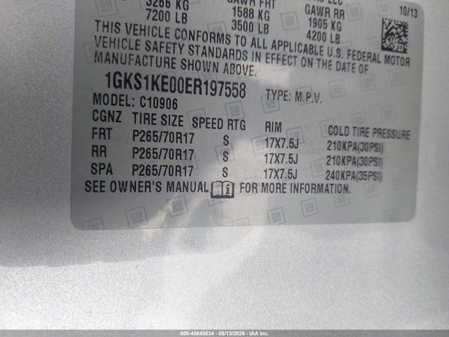 2014 Gmc Yukon Xl 1500 Slt მანქანა იყიდება აუქციონზე, vin: 1GKS1KE00ER197558, აუქციონის ნომერი: 45845534