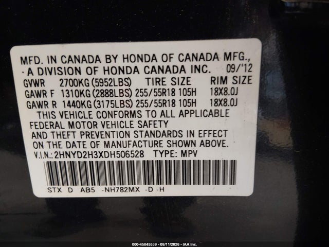 45845539 :رقم المزاد ، 2HNYD2H3XDH506528 vin ، 2013 Acura Mdx Technology Package مزاد بيع