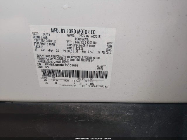 1FM5K8B88FGC53855 Ford Explorer