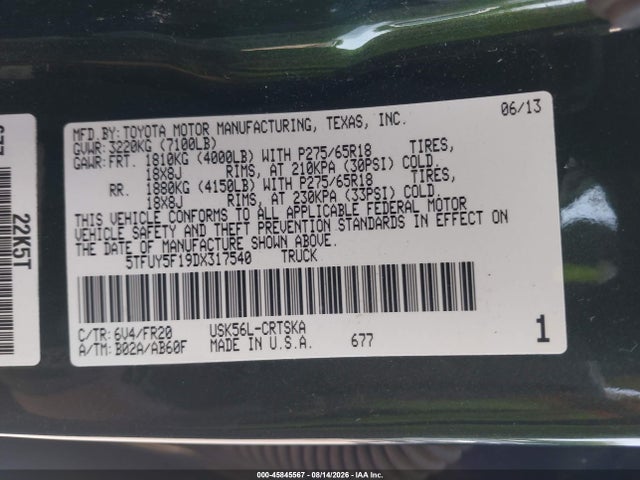 45845567 :رقم المزاد ، 5TFUY5F19DX317540 vin ، 2013 Toyota Tundra Grade 5.7l V8 مزاد بيع