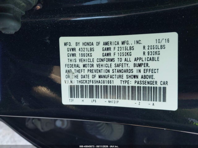 45845573 :رقم المزاد ، 1HGCR2F65HA081661 vin ، 2017 Honda Accord Sport مزاد بيع