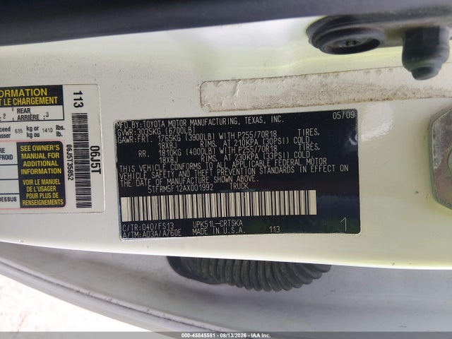 2010 Toyota Tundra Grade 4.6l V8 მანქანა იყიდება აუქციონზე, vin: 5TFRM5F12AX001992, აუქციონის ნომერი: 45845581
