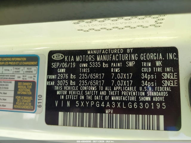 Продажа на аукционе авто 2020 Kia Sorento 2.4l Lx, vin: 5XYPG4A3XLG630195, номер лота: 45845590
