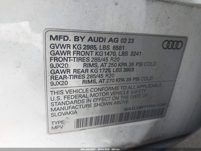 2023 Audi Q7 Premium Plus 55 Tfsi Quattro Tiptronic მანქანა იყიდება აუქციონზე, vin: WA1LXBF71PD015290, აუქციონის ნომერი: 45845597