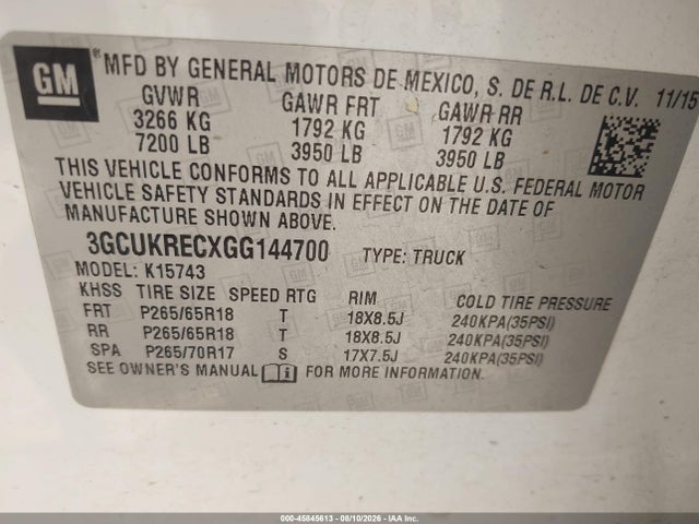 3GCUKRECXGG144700 Chevrolet Silverado 1500 Lt