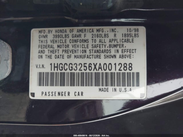 1999 Honda Accord Ex მანქანა იყიდება აუქციონზე, vin: 1HGCG3256XA001288, აუქციონის ნომერი: 45845616