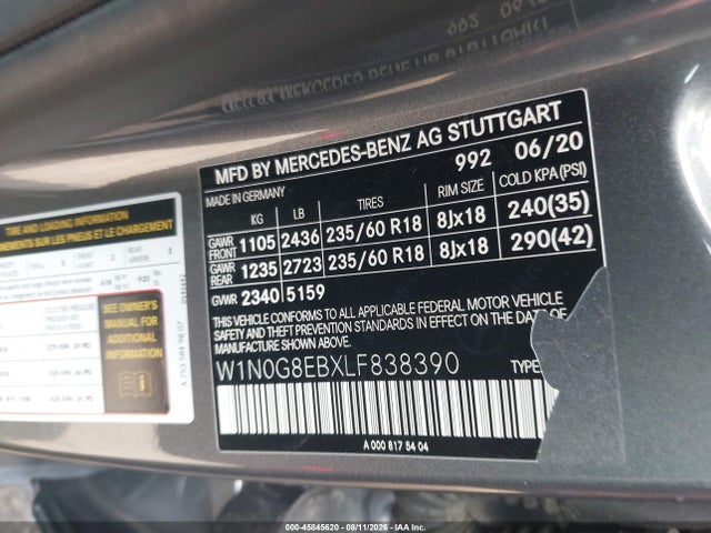Продажа на аукционе авто 2020 Mercedes-benz Glc 300 4matic, vin: W1N0G8EBXLF838390, номер лота: 45845620