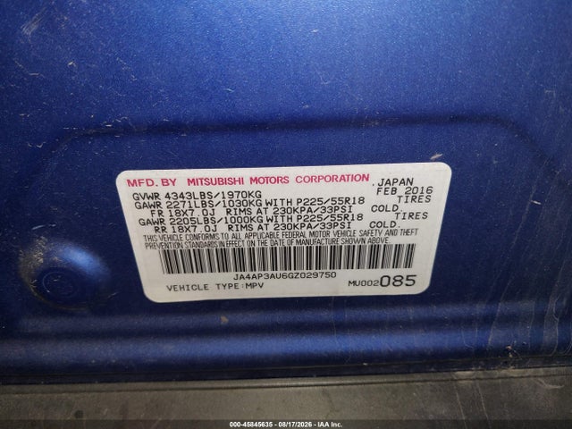 45845635 :رقم المزاد ، JA4AP3AU6GZ029750 vin ، 2016 Mitsubishi Outlander Sport 2.0 Es مزاد بيع