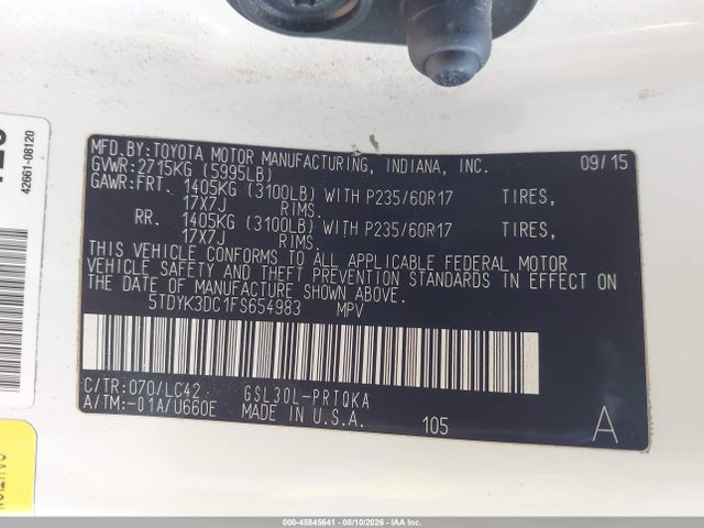 5TDYK3DC1FS654983 Toyota Sienna Xle 8 Passenger