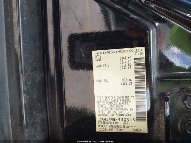 45845652 :رقم المزاد ، 1N4AL2AP0BN430545 vin ، 2011 Nissan Altima 2.5 S مزاد بيع