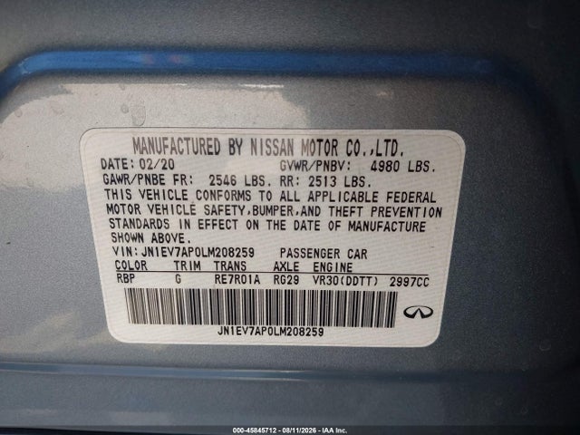 2020 Infiniti Q50 Luxe მანქანა იყიდება აუქციონზე, vin: JN1EV7AP0LM208259, აუქციონის ნომერი: 45845712