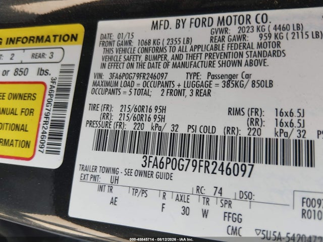 Aukcja sprzedaży 2015 Ford Fusion S, vin: 3FA6P0G79FR246097, numer aukcji: 45845714