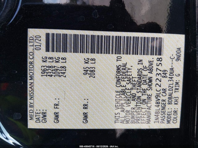 1N4BL4BV9LC223758 Nissan Altima S Fwd