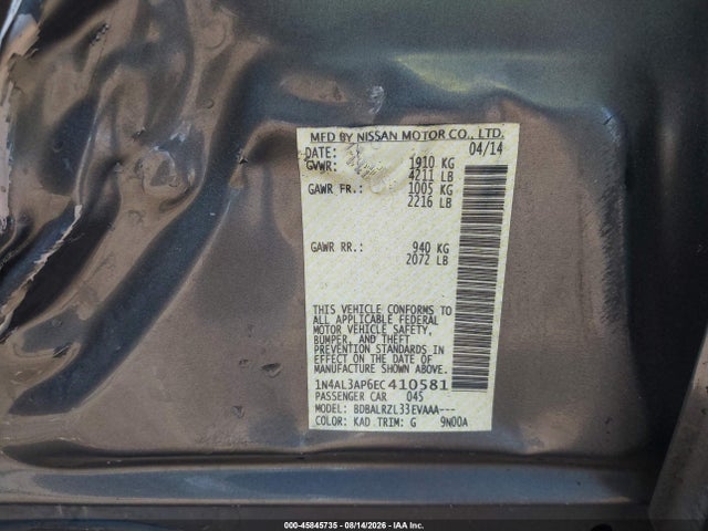 1N4AL3AP6EC410581 Nissan Altima 2.5/2.5 S/2.5 Sl/2.5 Sv