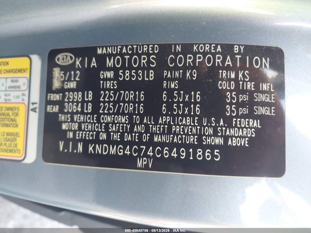 Aukcja sprzedaży 2012 Kia Sedona Lx, vin: KNDMG4C74C6491865, numer aukcji: 45845756