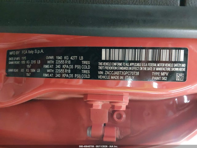 45845759 :رقم المزاد ، ZACCJABT3GPC70738 vin ، 2016 Jeep Renegade 75th Anniversary مزاد بيع