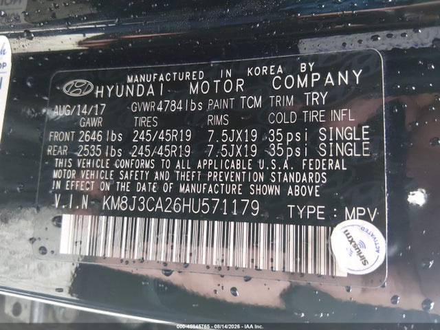 2017 Hyundai Tucson Value მანქანა იყიდება აუქციონზე, vin: KM8J3CA26HU571179, აუქციონის ნომერი: 45845765
