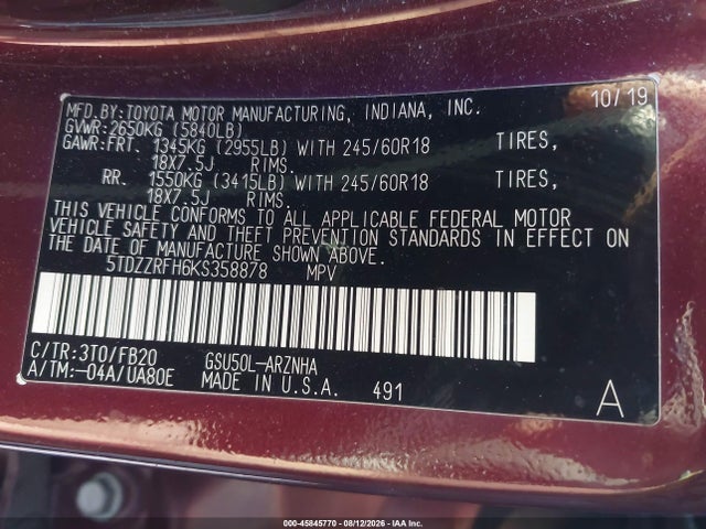 Продажа на аукционе авто 2019 Toyota Highlander Le, vin: 5TDZZRFH6KS358878, номер лота: 45845770