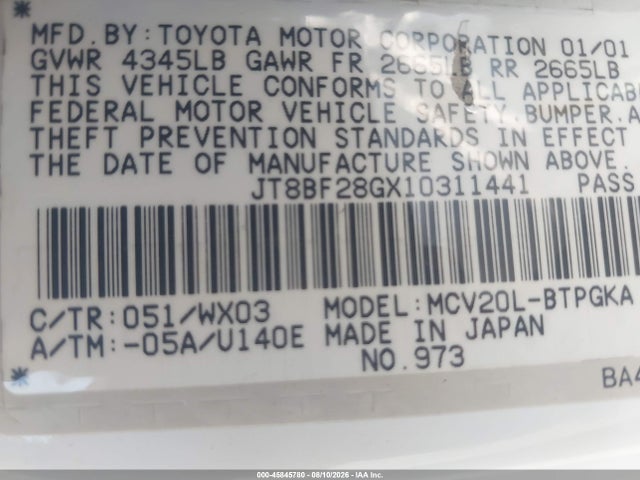 2001 Lexus Es 300 მანქანა იყიდება აუქციონზე, vin: JT8BF28GX10311441, აუქციონის ნომერი: 45845780
