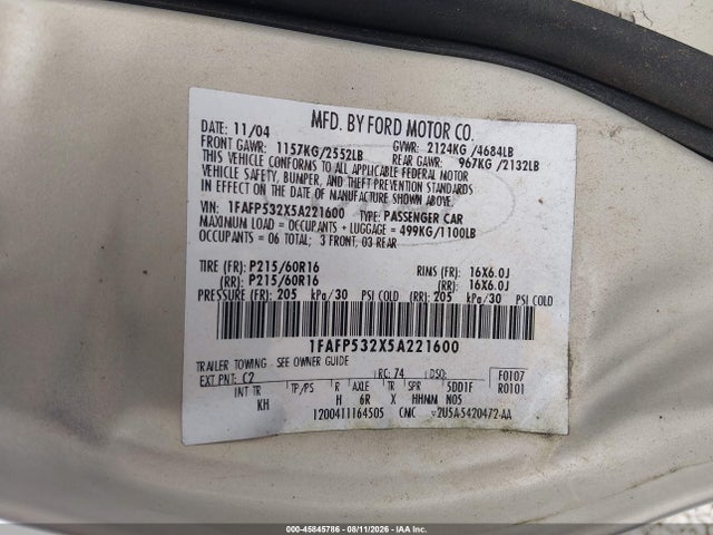 Aukcja sprzedaży 2005 Ford Taurus Se, vin: 1FAFP532X5A221600, numer aukcji: 45845786
