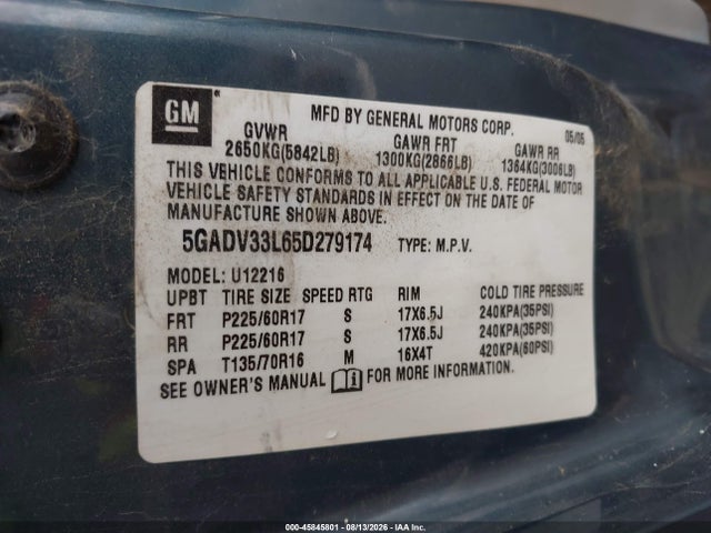 2005 Buick Terraza Cxl მანქანა იყიდება აუქციონზე, vin: 5GADV33L65D279174, აუქციონის ნომერი: 45845801