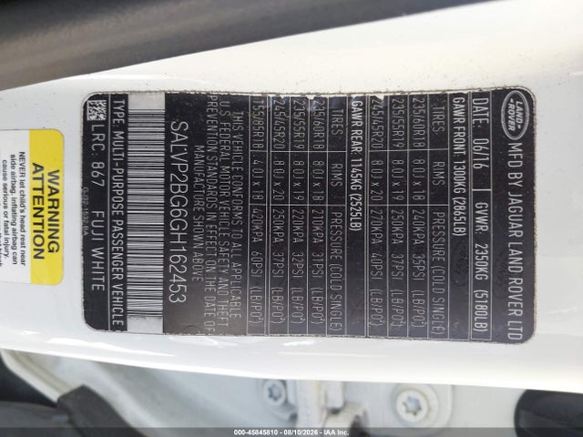 Aukcja sprzedaży 2016 Land Rover Range Rover Evoque Se/se Premium, vin: SALVP2BG6GH162453, numer aukcji: 45845810