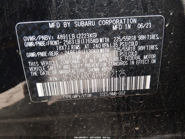 45845811 :رقم المزاد ، JF2SKARC4PH502125 vin ، 2023 Subaru Forester Touring مزاد بيع