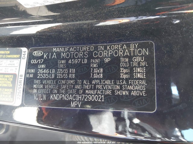 45845833 :رقم المزاد ، KNDPN3AC1H7290021 vin ، 2017 Kia Sportage Ex مزاد بيع