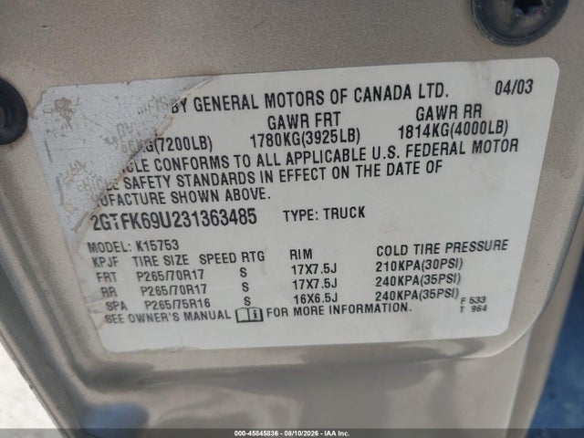 45845836 :رقم المزاد ، 2GTFK69U231363485 vin ، 2003 Gmc Sierra 1500 Denali مزاد بيع