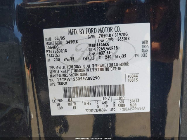 Aukcja sprzedaży 2005 Ford F-150 Lariat/xlt, vin: 1FTPW12505FA88290, numer aukcji: 45845842