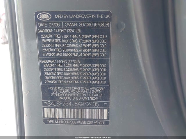 Продаж на аукціоні авто 2006 Land Rover Range Rover Sport Hse, vin: SALSF25426A972435, номер лоту: 45845850
