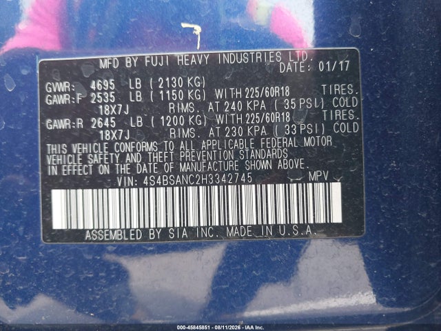 Продаж на аукціоні авто 2017 Subaru Outback 2.5i Limited, vin: 4S4BSANC2H3342745, номер лоту: 45845851