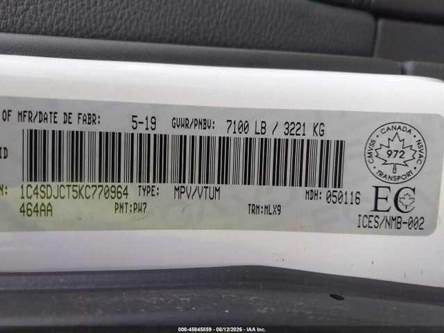 45845859 :رقم المزاد ، 1C4SDJCT5KC770964 vin ، 2019 Dodge Durango R/t مزاد بيع