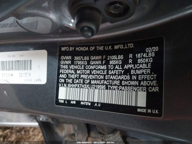 Продаж на аукціоні авто 2020 Honda Civic Lx, vin: SHHFK7H3XLU219595, номер лоту: 45845870