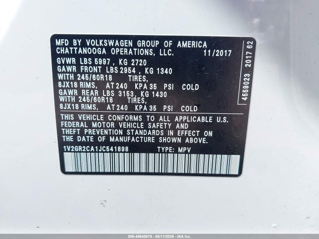 Aukcja sprzedaży 2018 Volkswagen Atlas 3.6l V6 S, vin: 1V2GR2CA1JC541898, numer aukcji: 45845876