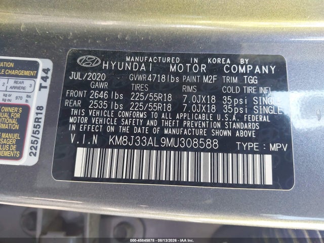 Aukcja sprzedaży 2021 Hyundai Tucson Sel, vin: KM8J33AL9MU308588, numer aukcji: 45845878