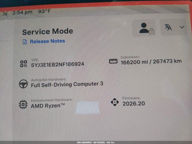 45845900 :رقم المزاد ، 5YJ3E1EB2NF186924 vin ، 2022 Tesla Model 3 Long Range Dual Motor All-wheel Drive مزاد بيع