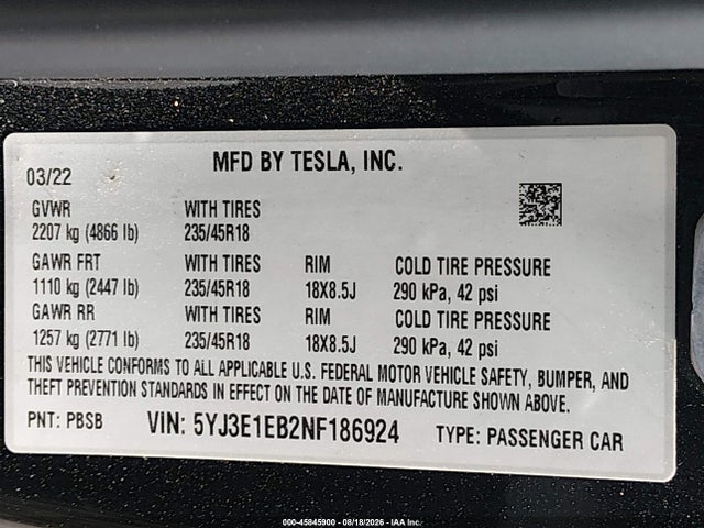 45845900 :رقم المزاد ، 5YJ3E1EB2NF186924 vin ، 2022 Tesla Model 3 Long Range Dual Motor All-wheel Drive مزاد بيع