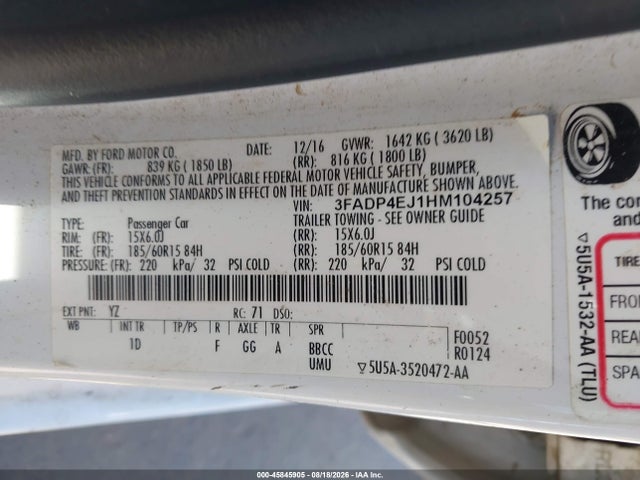 45845905 :رقم المزاد ، 3FADP4EJ1HM104257 vin ، 2017 Ford Fiesta Se مزاد بيع